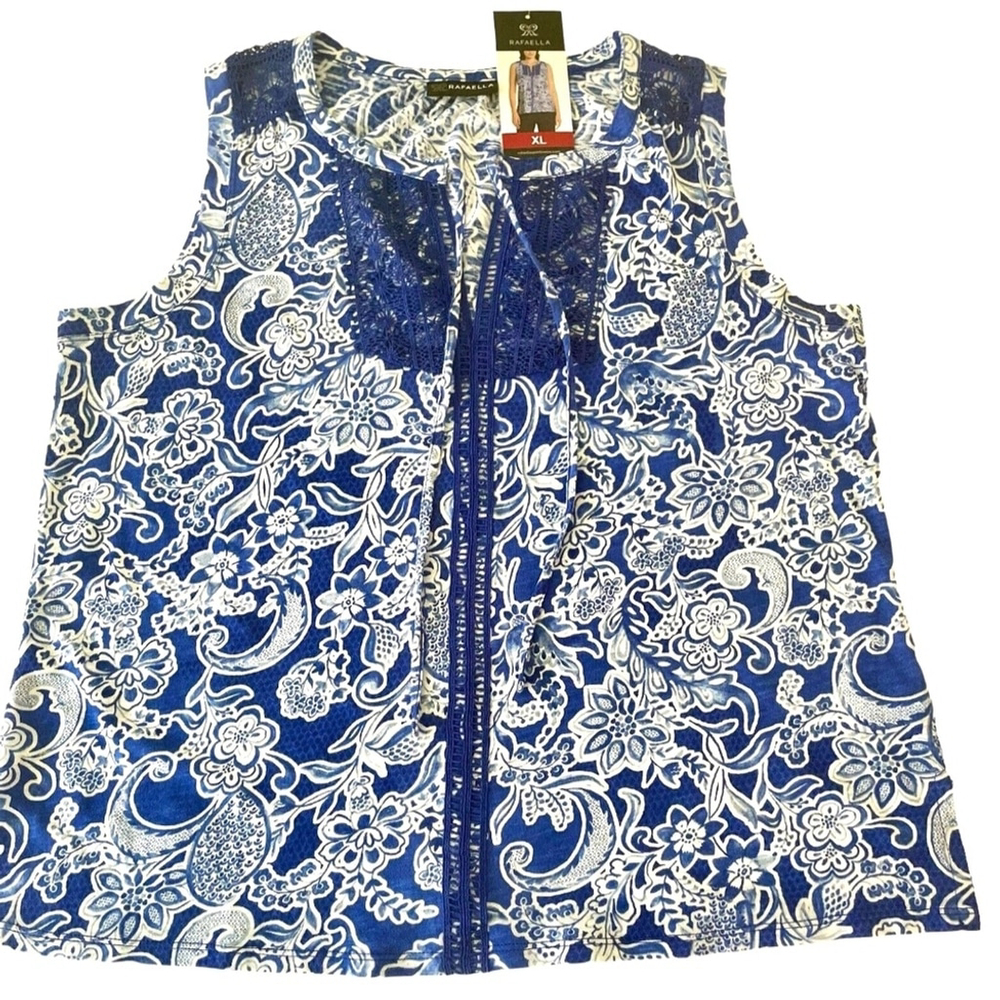 Rafaella Floral Sleeveless Top Blue and White